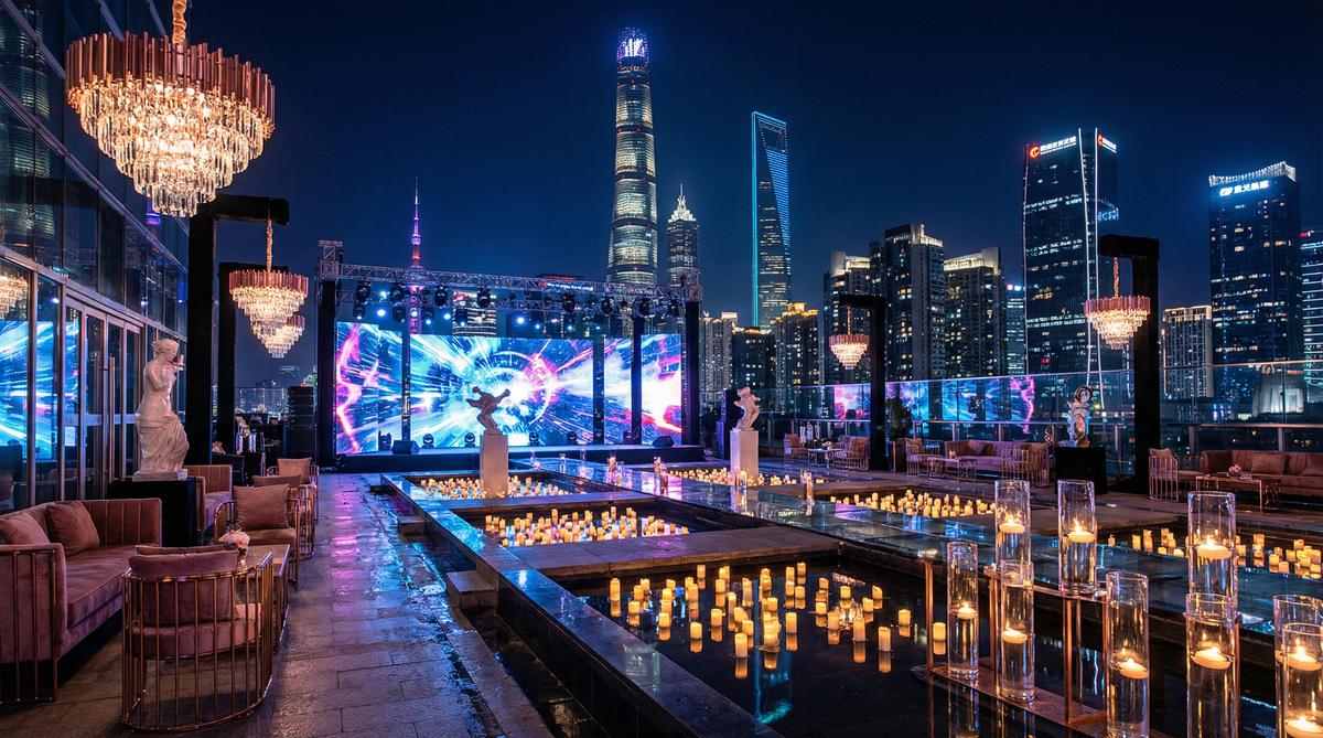 网红主播传媒城市夜景航拍传媒顶层派对实录